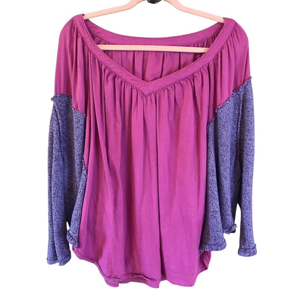 PAINTED OYSTER Boho Upcycled Blouse‎ Top Tee XL Flared Sleeves Hippie Peasant